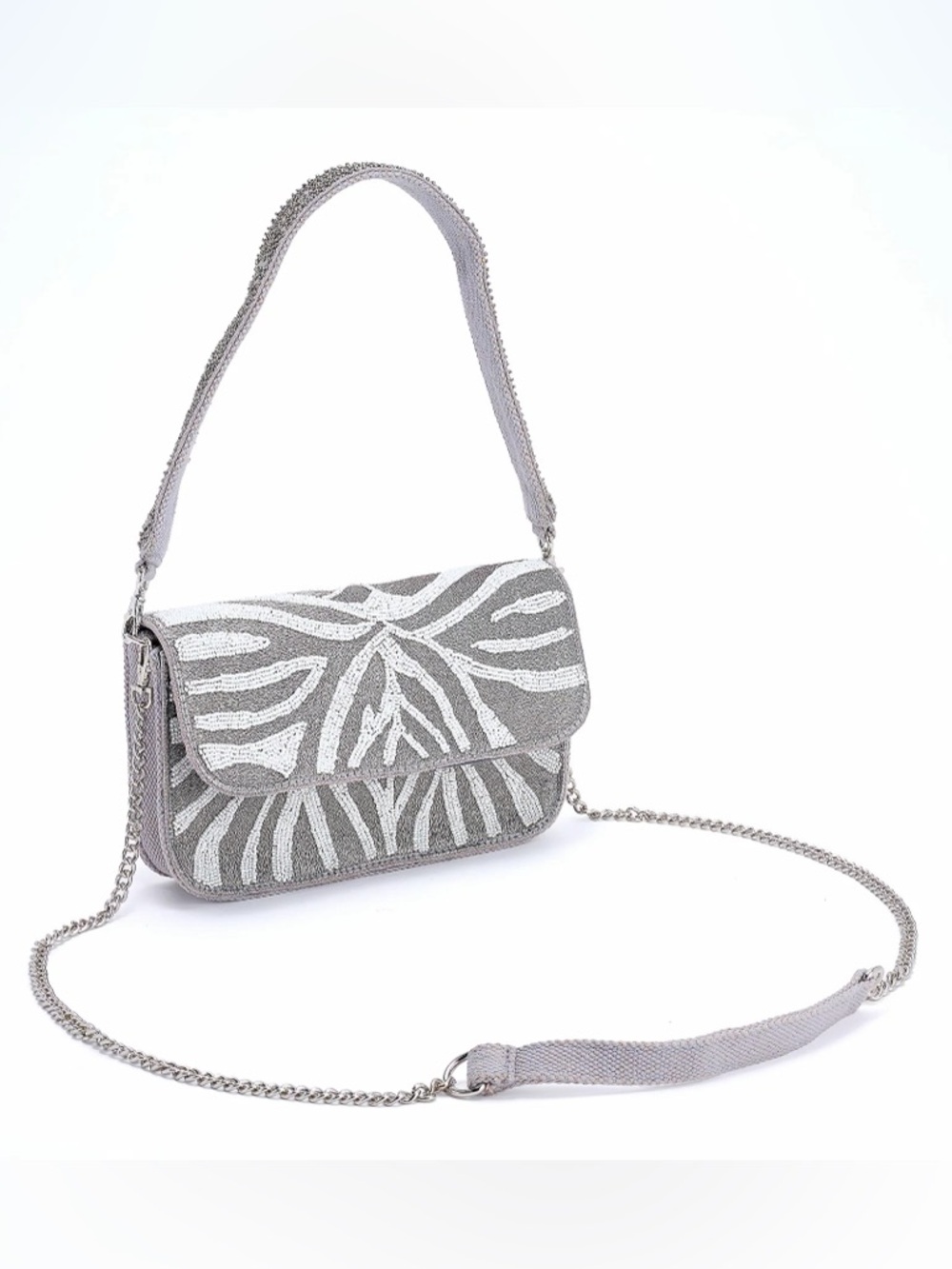America & Beyond Embellished Beaded Shoulder Crossbody Bag Purse -- Silver Zebra